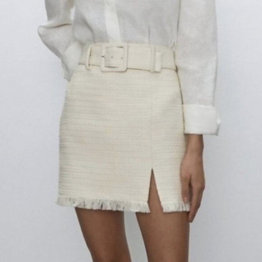 NEW Babaton Pristina Skirt Tweed Mini Giselle White Slit Belted Skirt 00 Aritzia